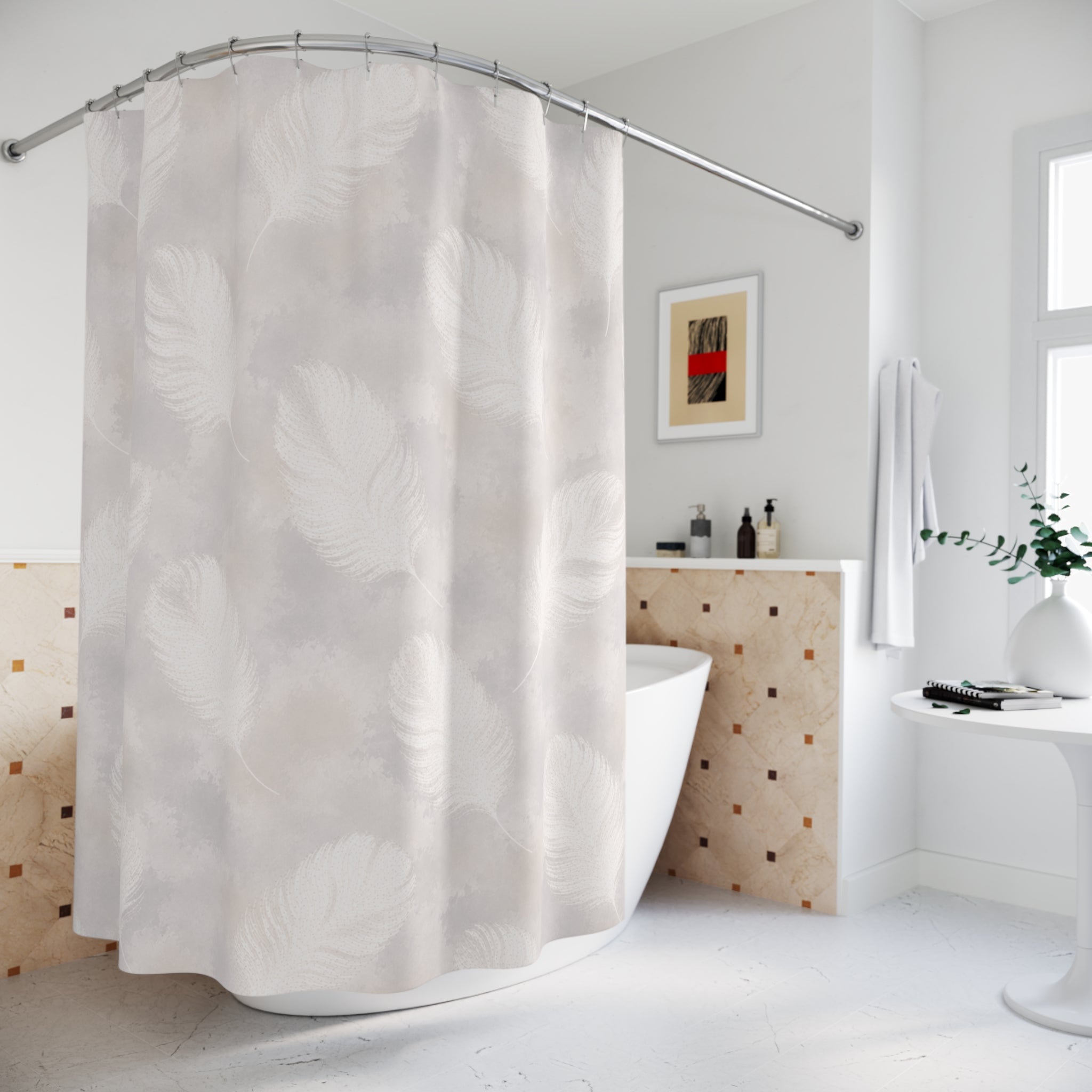 Feather Pattern Shower Curtain | Soft Neutral Bathroom Decor