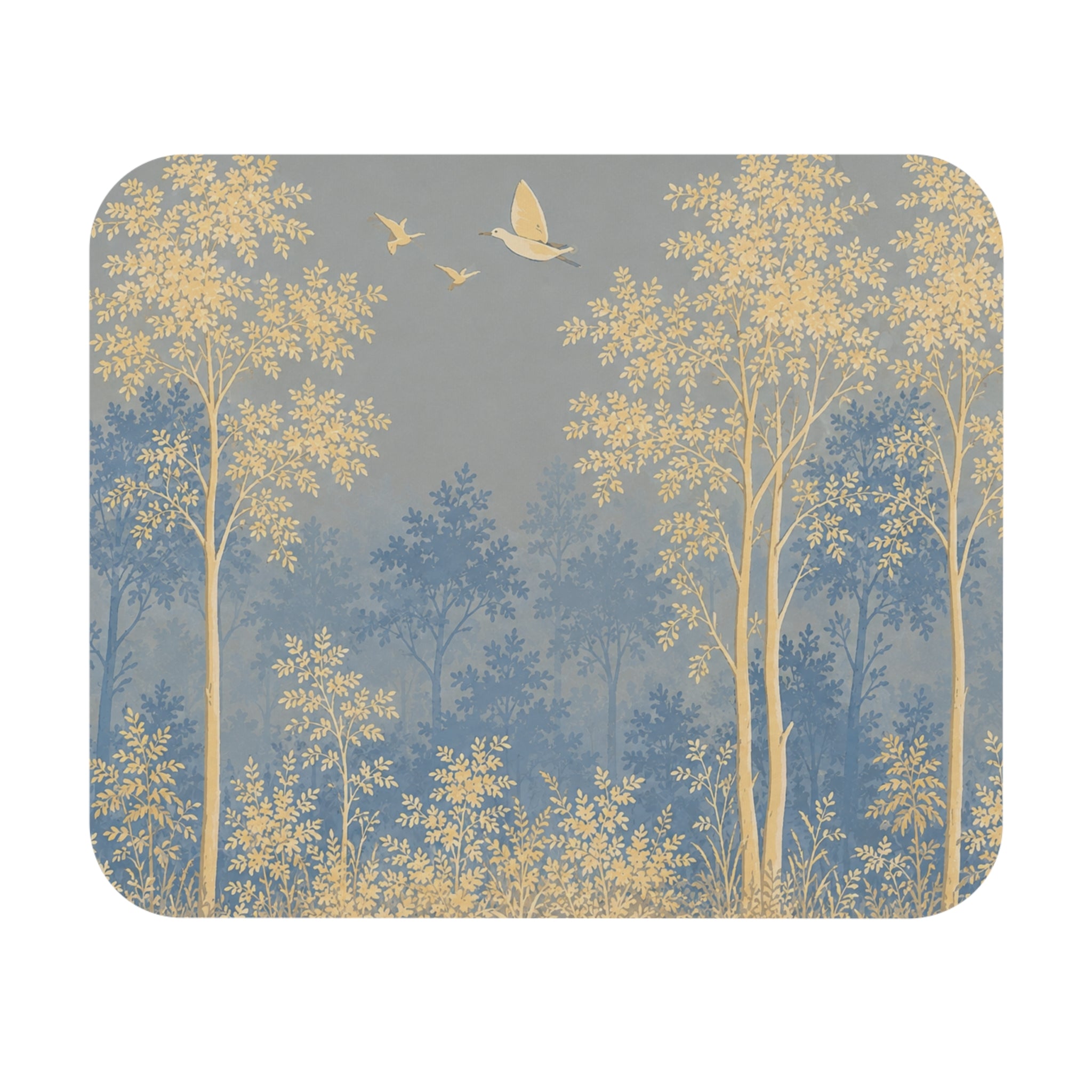Forestline Illustration Mouse Pad | Golden Woodland Trees, Flying Birds