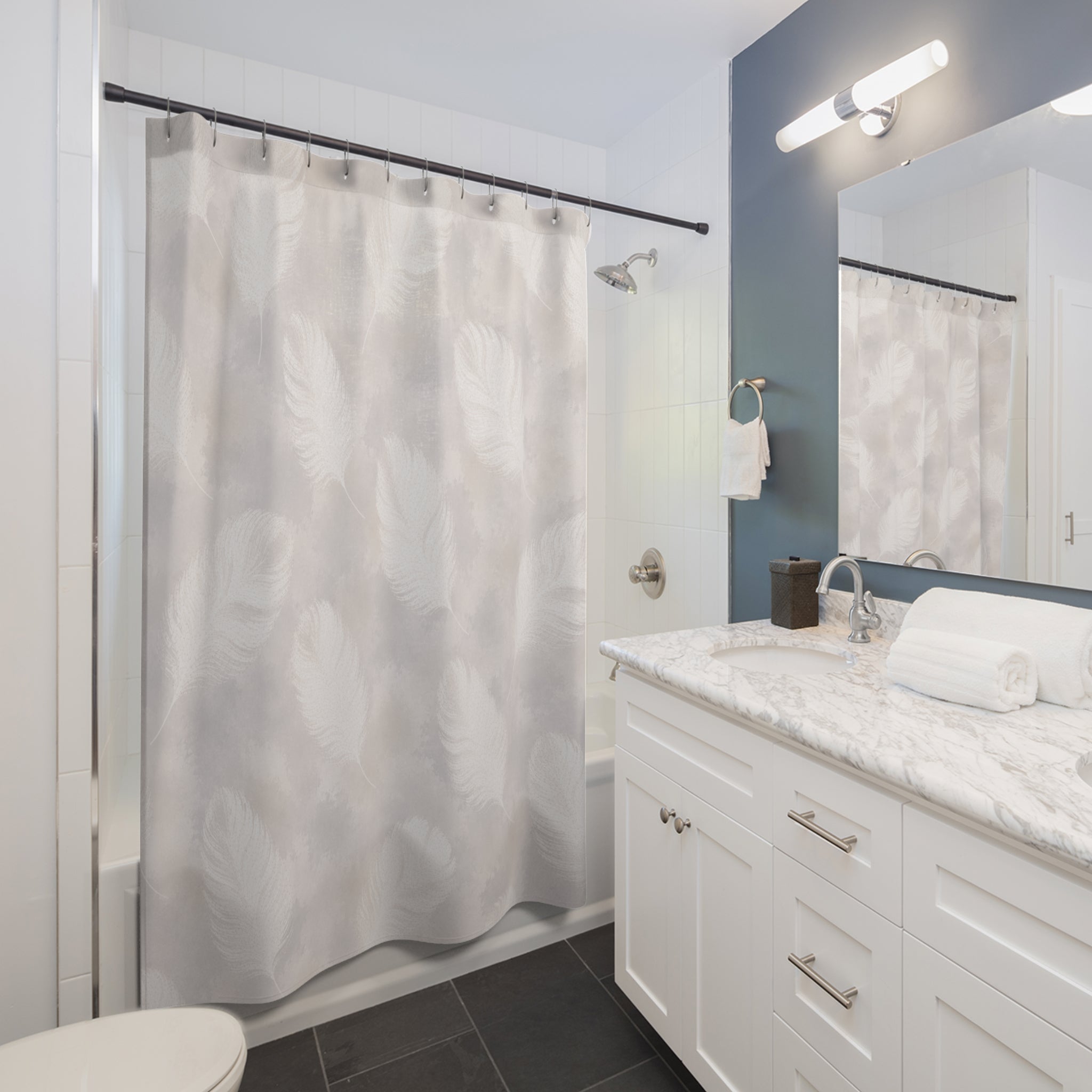 Feather Pattern Shower Curtain | Soft Neutral Bathroom Decor