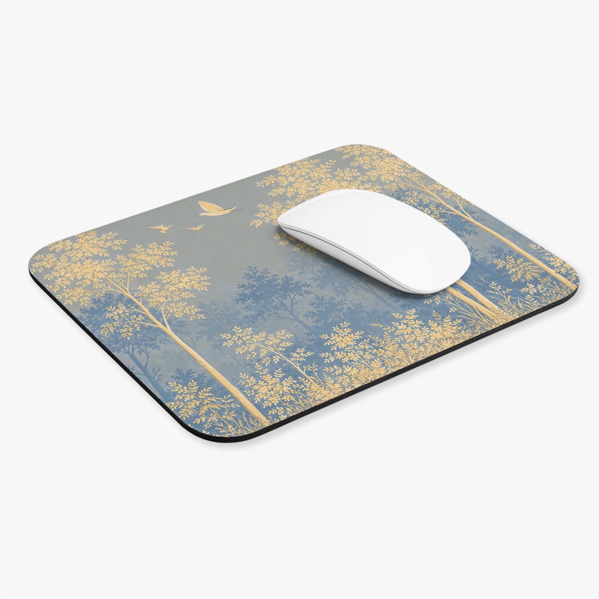 Forestline Illustration Mouse Pad | Golden Woodland Trees, Flying Birds