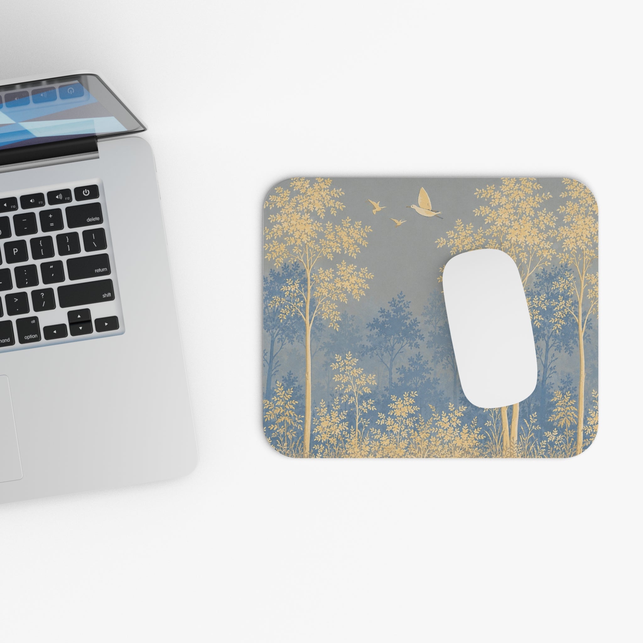 Forestline Illustration Mouse Pad | Golden Woodland Trees, Flying Birds
