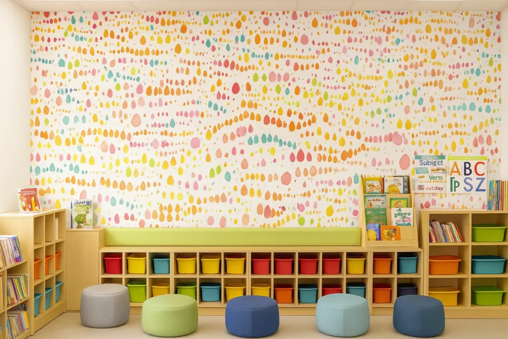Confetti Drops playful wallcovering installed as a feature wall in a colorful children's classroom.
