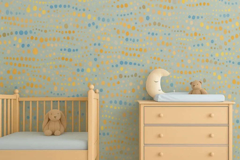 Nursery room featuring the Confetti Drops organic dot pattern in the calming Twinkle colorway.