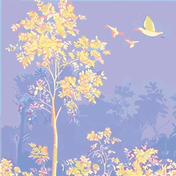 Flat design of the Forestline wallcovering mural in the Twilight colorway.