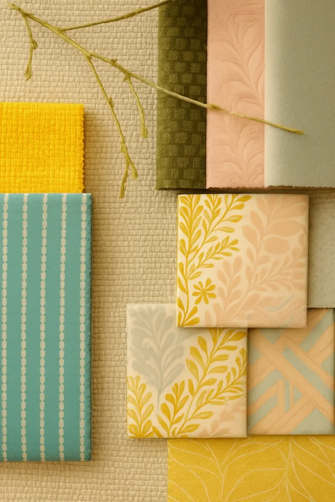Selection of textiles, wallcovering, and carpet samples in soft and vibrant tones for interior design